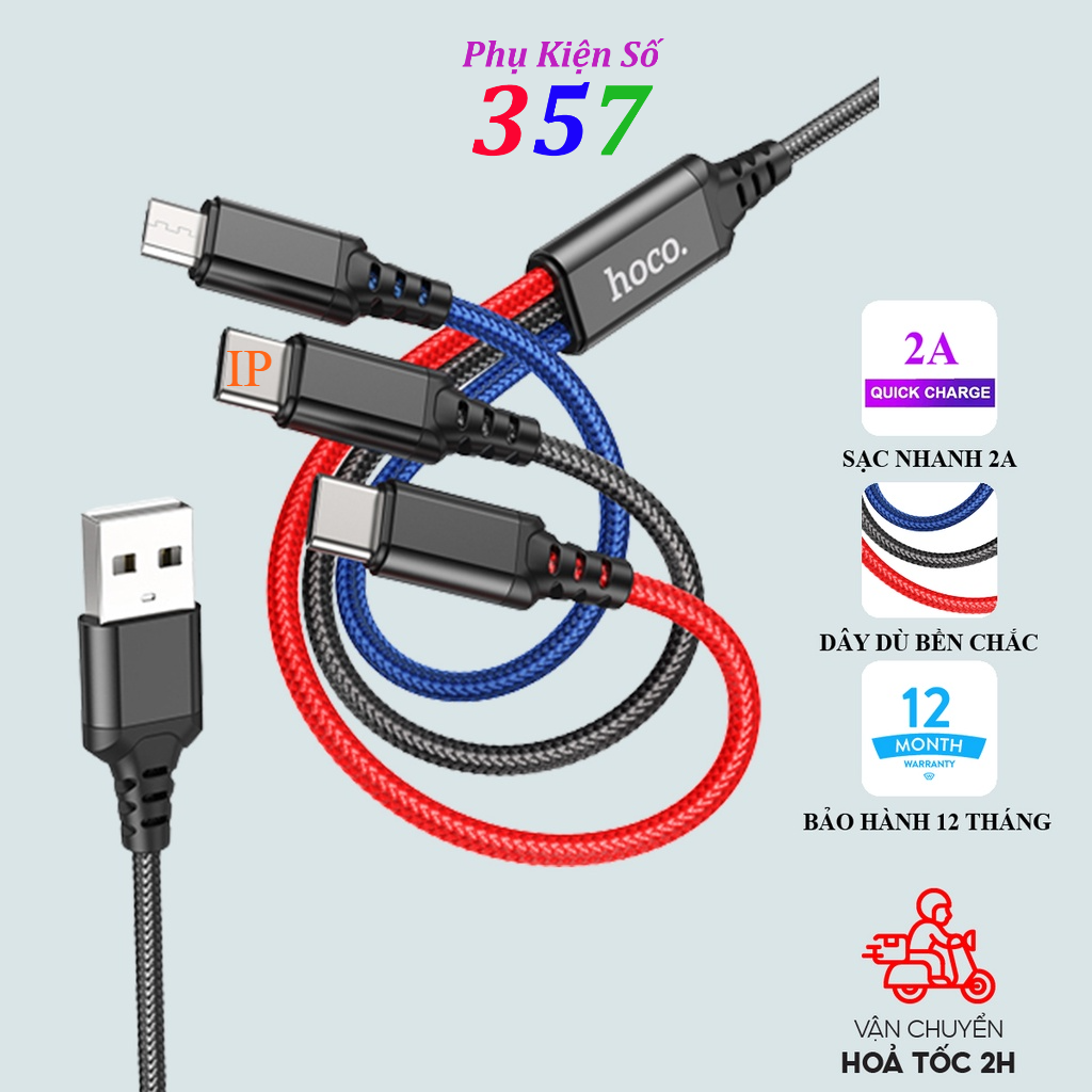 Dây cáp sạc 3 đầu Hoco X76 IP/Micro/TypeC dài 1m bọc dù dòng 2A