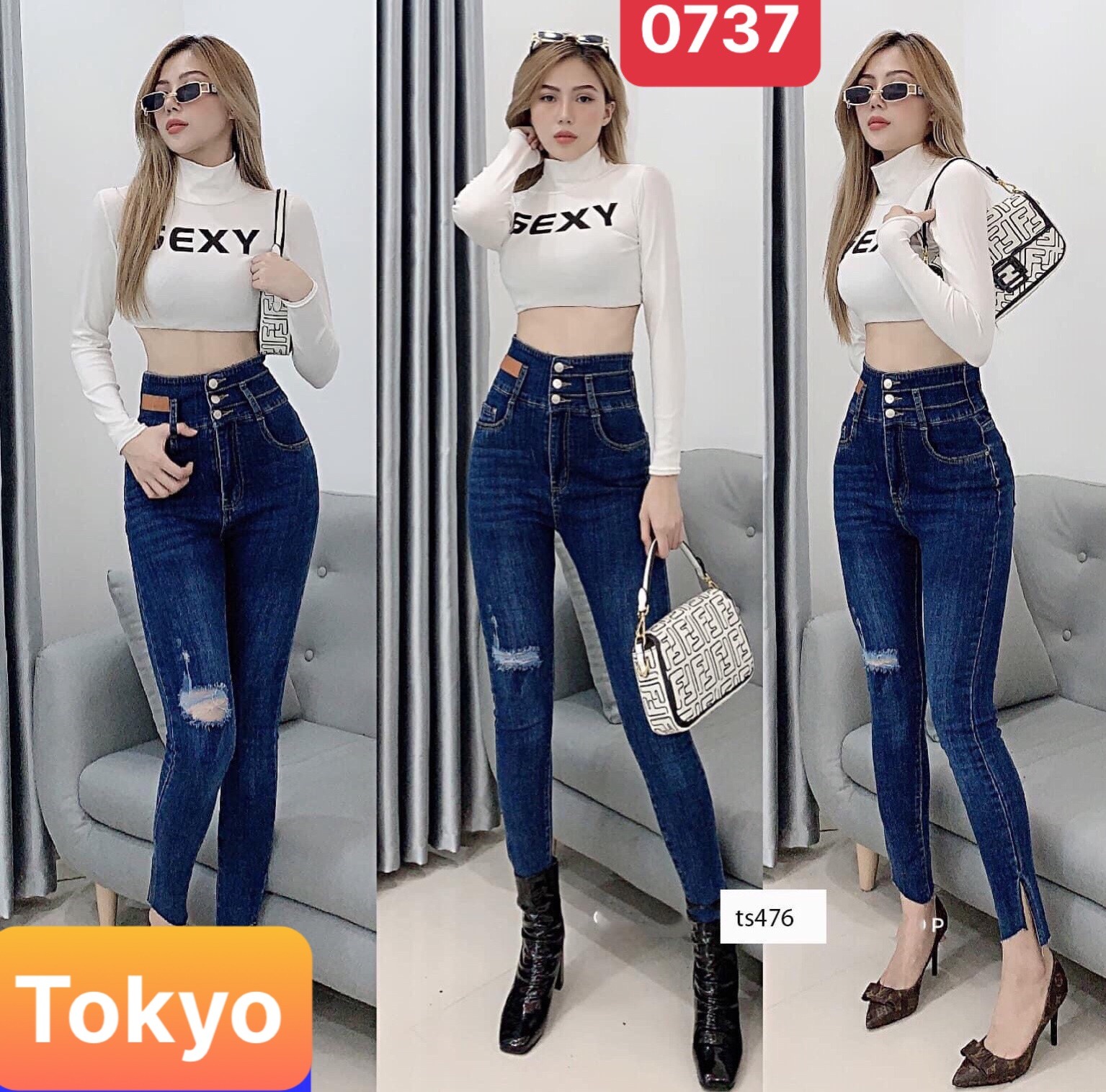 QUẦN JEAN NỮ CHẤT BÒ XANH ĐẬM RÁCH WASH 3 CÚC LƯNG CAO NÂNG MÔNG NHẬT BẢN TK-0737 CAO CẤP - TOKYO FASHION