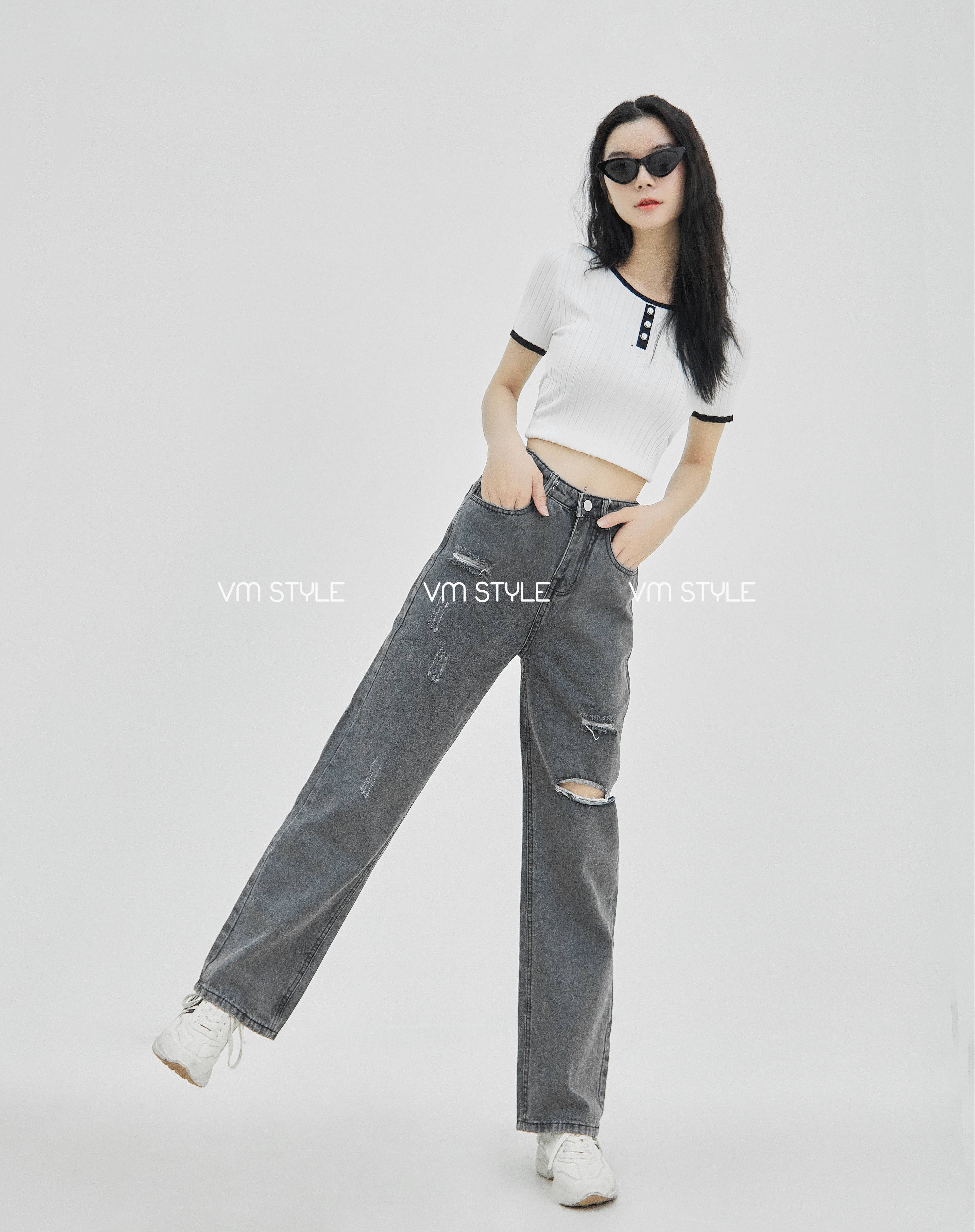 Quần jean nữ ống rộng VMSTYLE QJR00048 lưng cao hách dáng, xước rách cá tính lai thường 3529