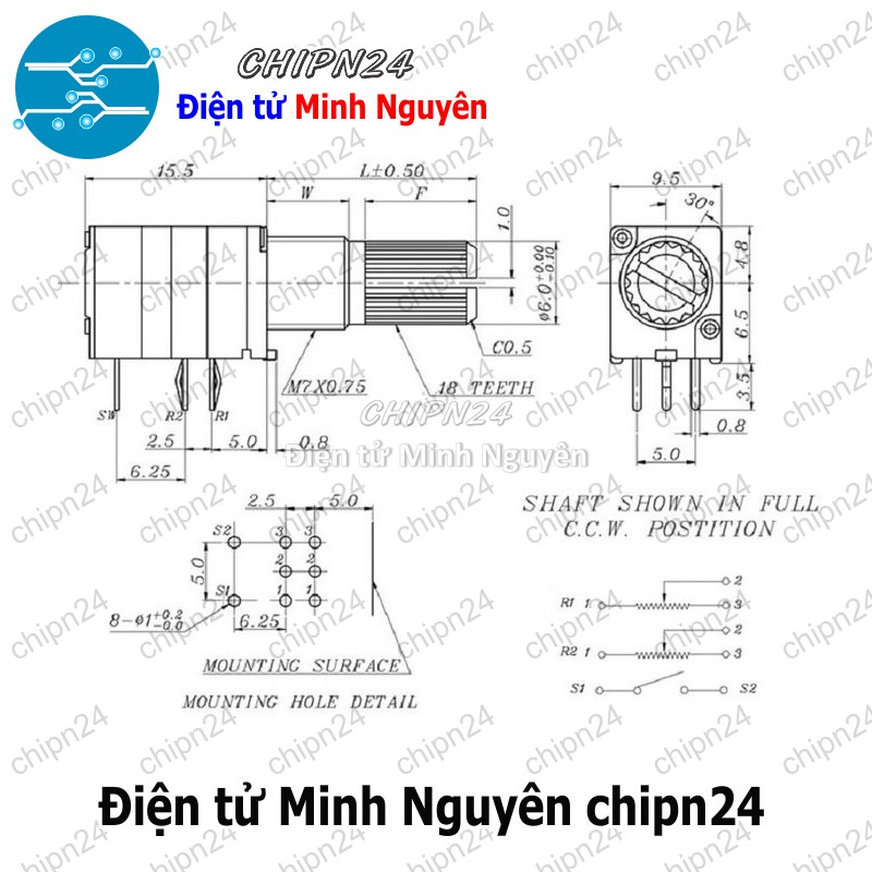 [2 cái] (F163) Biến trở xanh 8 chân RV097NS có công tắc (1K/5K/10K/20K/50K/100K/500K) - [Chọn Loại] - HHH.00348