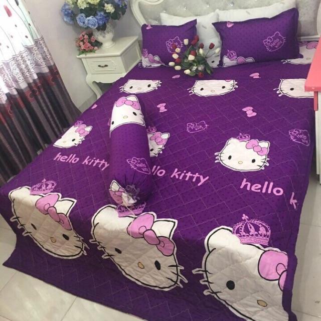 Chăn hè thu chần bông vi tính - Mèo Kitty tím