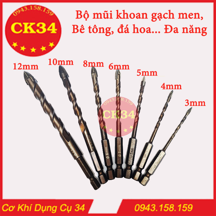 Mũi khoan Gạch men, Thủy tinh, Đá hoa... Đa năng Bộ 7 mũi dài xoắn đen