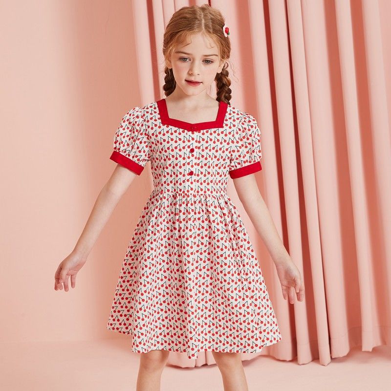 [FREESHIP+Quà kẹp tóc 15k]- Đầm bé gái hoạ tiết cherry có tay cổ vuông phong cách cho bé gái từ 12-27kg-Suri kids baby-SK16-đầm bé gái có tay hàng quảng châu cao cấp cho bé từ 2-6 tuổi
