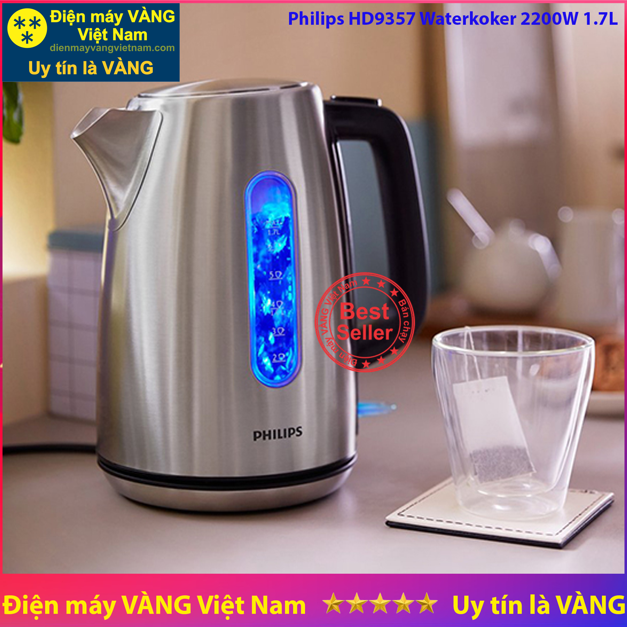 Ấm đun siêu tốc inox cao cấp Philips HD9357 (Bạc) - Hàng nhập khẩu