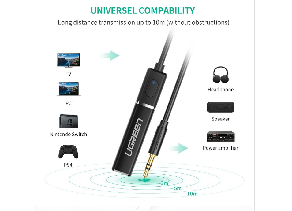 Bộ Phát Âm Thanh Bluetooth 5.0 qua Cổng 3.5mm Ugreen 40761 (Dùng Cho TIVI, PC, Laptop, Tivi Box) Chính Hãng
