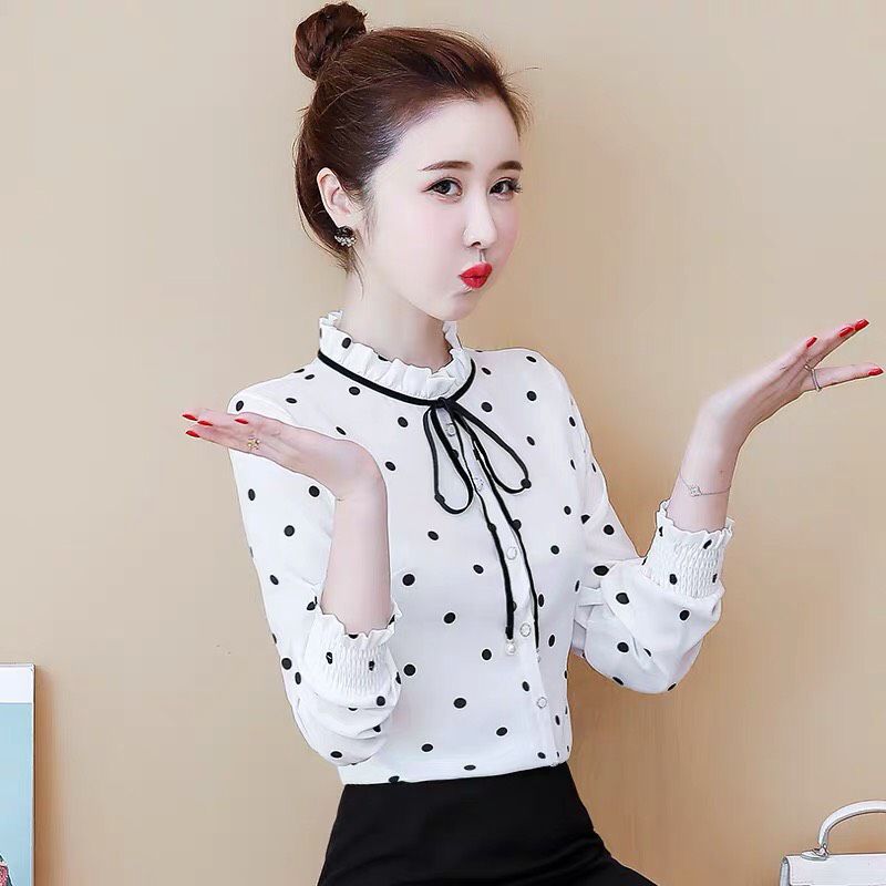 [HCM]Áo sơ mi chấm bi cổ viền đen