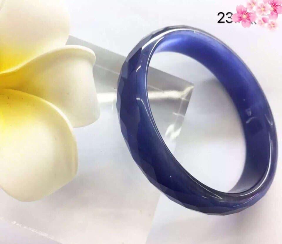 Vòng Tay Bản Liền Đá Mắt Mèo Giác Cạnh Màu Xanh Biển