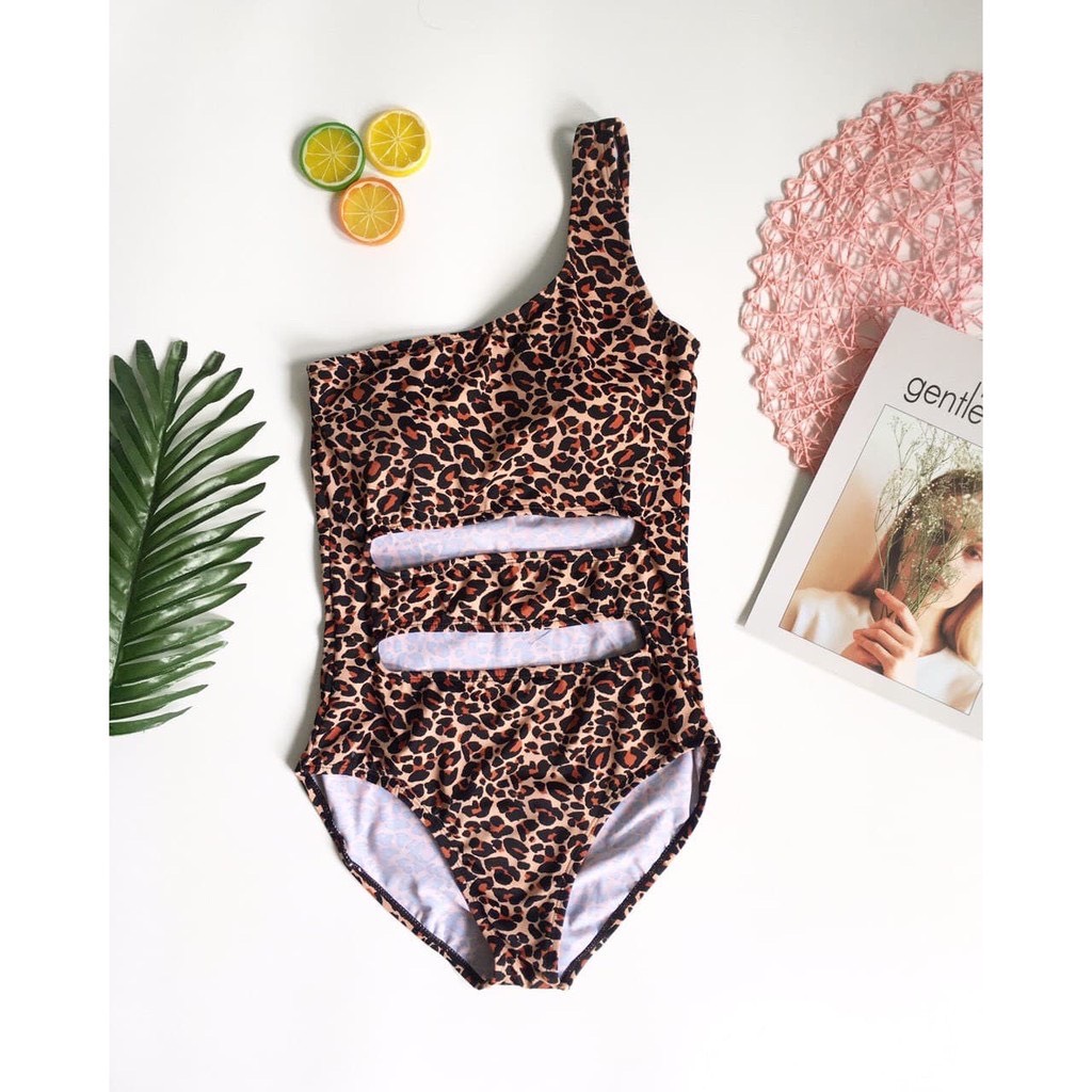 Bikini 1 mảnh da báo lệch vai khoét eo đồ bơi liền thân da beo hai màu - os050