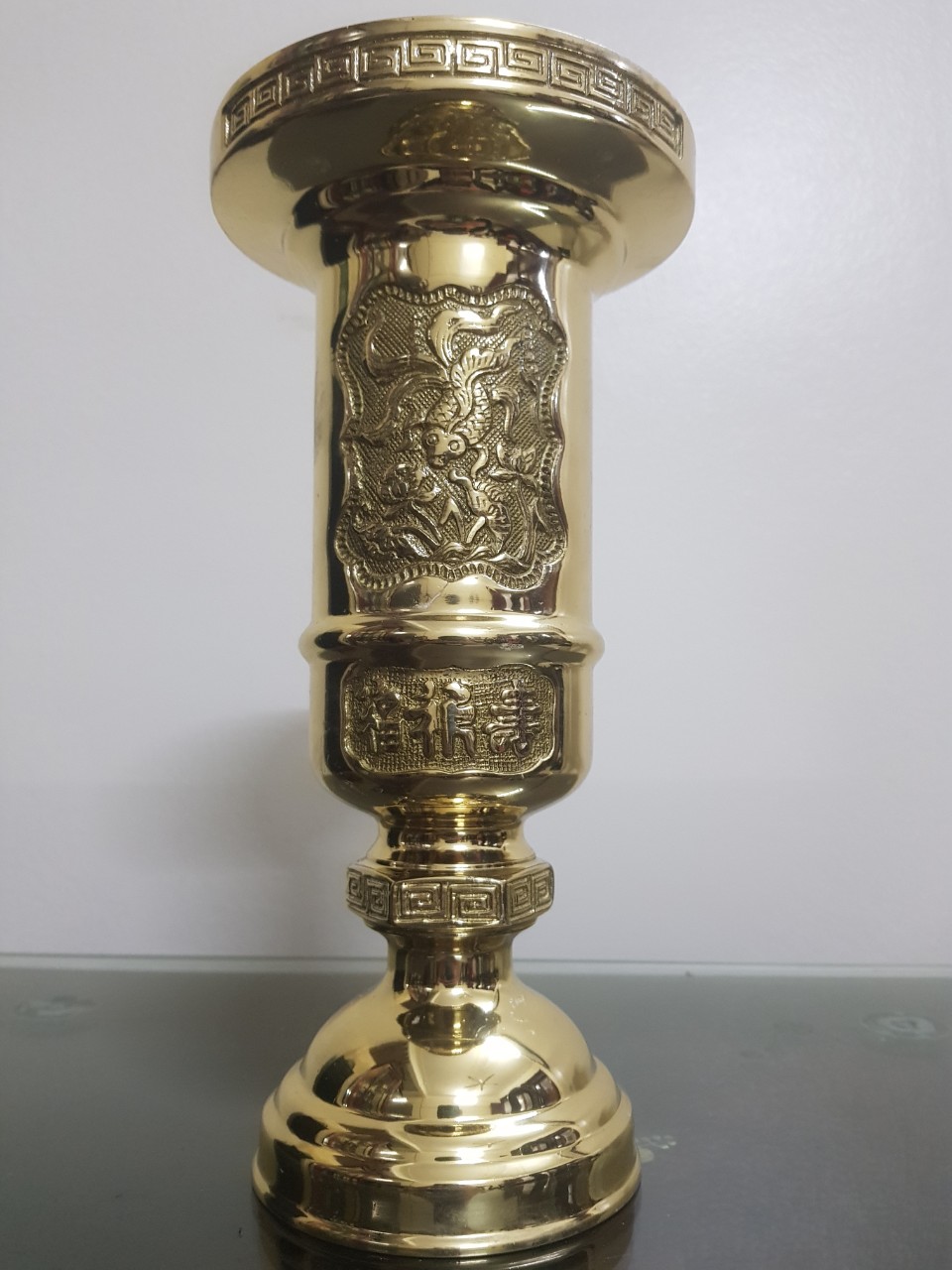 Ống đựng hương 29cm bằng đồng vàng nguyên chất trạm hoa văn nặng 1,8kg-đồ đồng ý yên