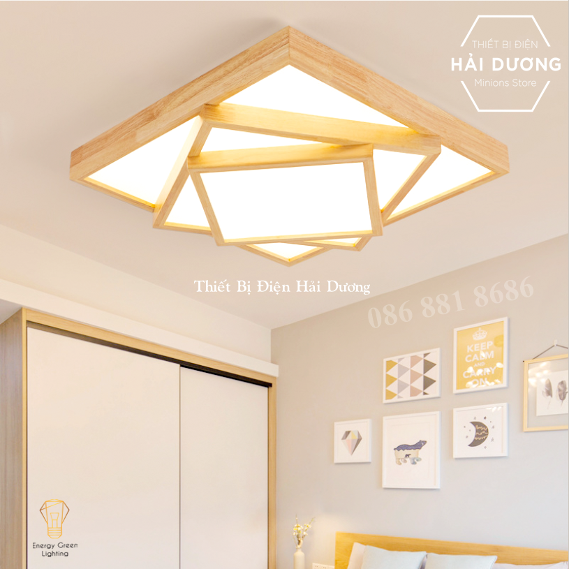 Đèn Ốp Trần Thân Gỗ Cao Cấp DGT-Y380 - 2 Lớp, 3 Lớp Hình Vuông - Đường Kính 48cm - Energy Green Lighting - Bảo Hành 12 Tháng