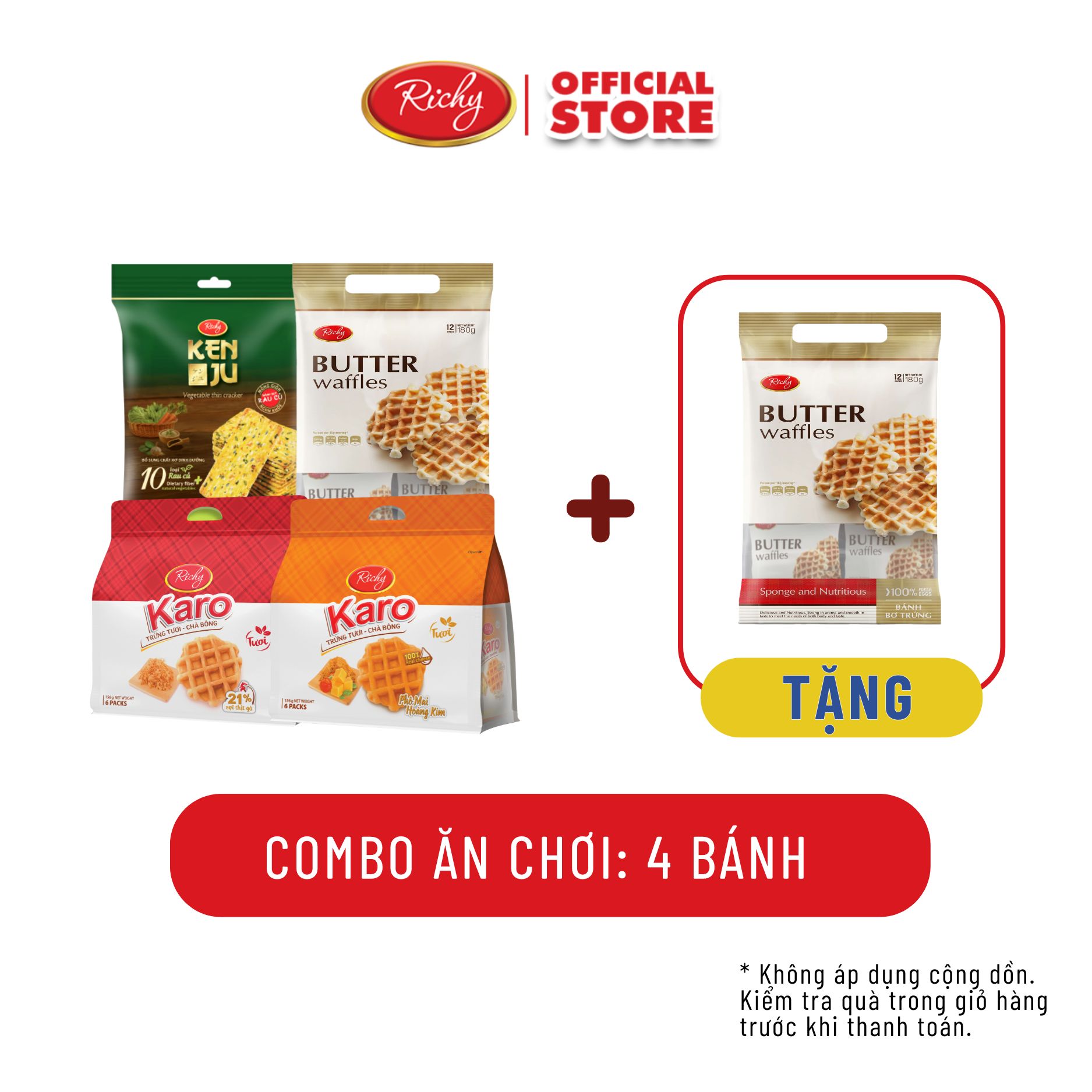 [TẶNG BÁNH KARO XUẤT NHẬT] Combo ăn chơi, Combo 4 bánh karo sợi gà, karo phô mai hoàng kim, bánh kenju rau củ, bánh karo bơ trứng giòn xuất Nhật, - Bánh kẹo Richy