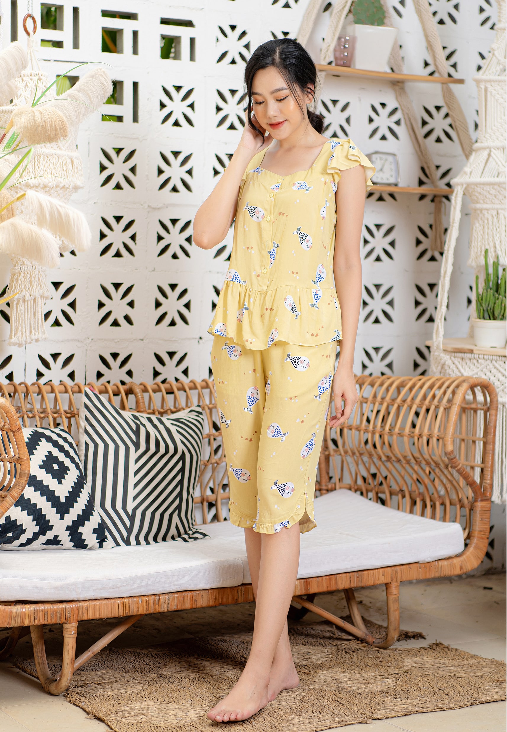 Bộ lửng lanh lụa vàng cốm Mila 20LHL056VA