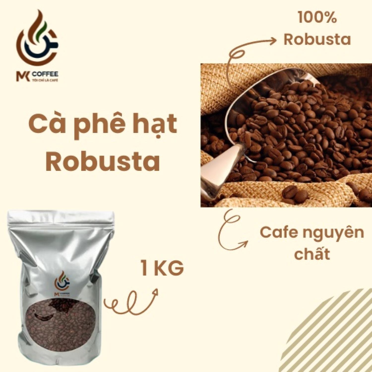 Cà Phê Hạt Robusta 100% Nguyên Chất Rang Mộc MK Coffee - Bịch 1KG