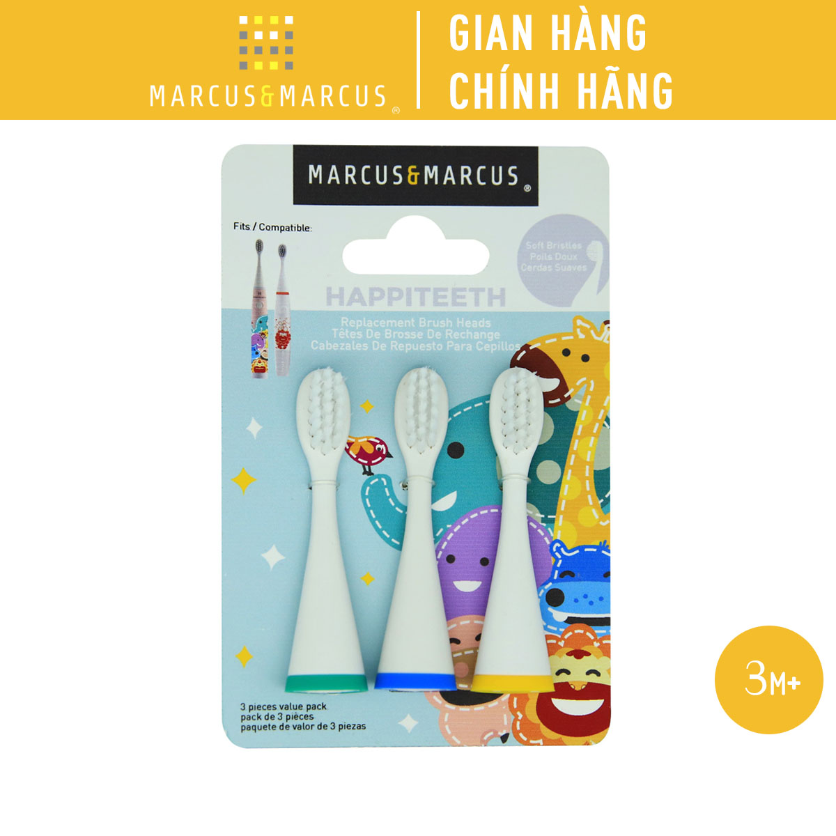 Bộ 3 Đầu Bàn Chải Thay Thế Marcus & Marcus Cho Bé, Từ 3 Tuổi (Willo/ Marcus/ Pokey)