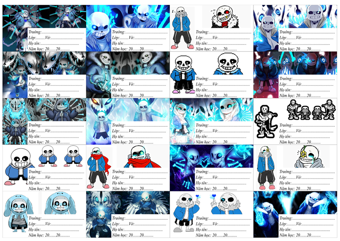 Nhãn dán vở set 20-80 nhãn vở Sans Undertale siêu dính, hình dễ thương, giúp phân biệt các môn học khác nhau