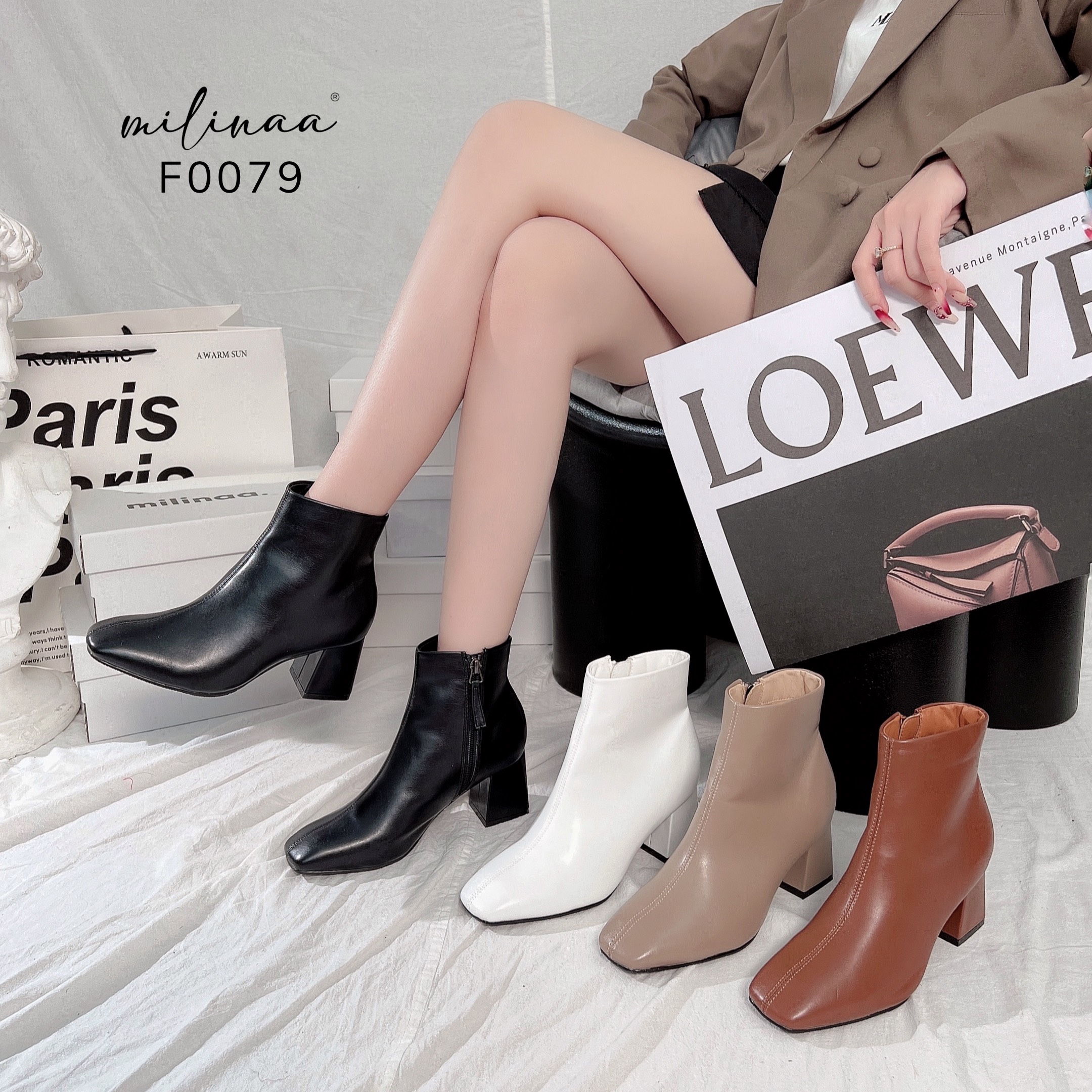 BOOTS DA MỀM GÓT VUÔNG KÉO TRONG F0079