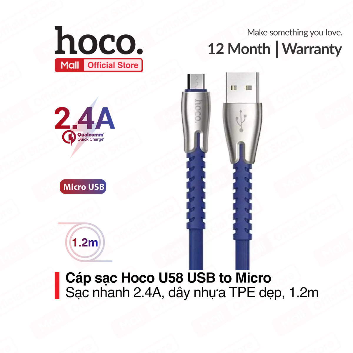 Cáp sạc Micro USB Hoco U58 CORE sạc nhanh 2.4A Max dây dẹt chống rối dài 120cm