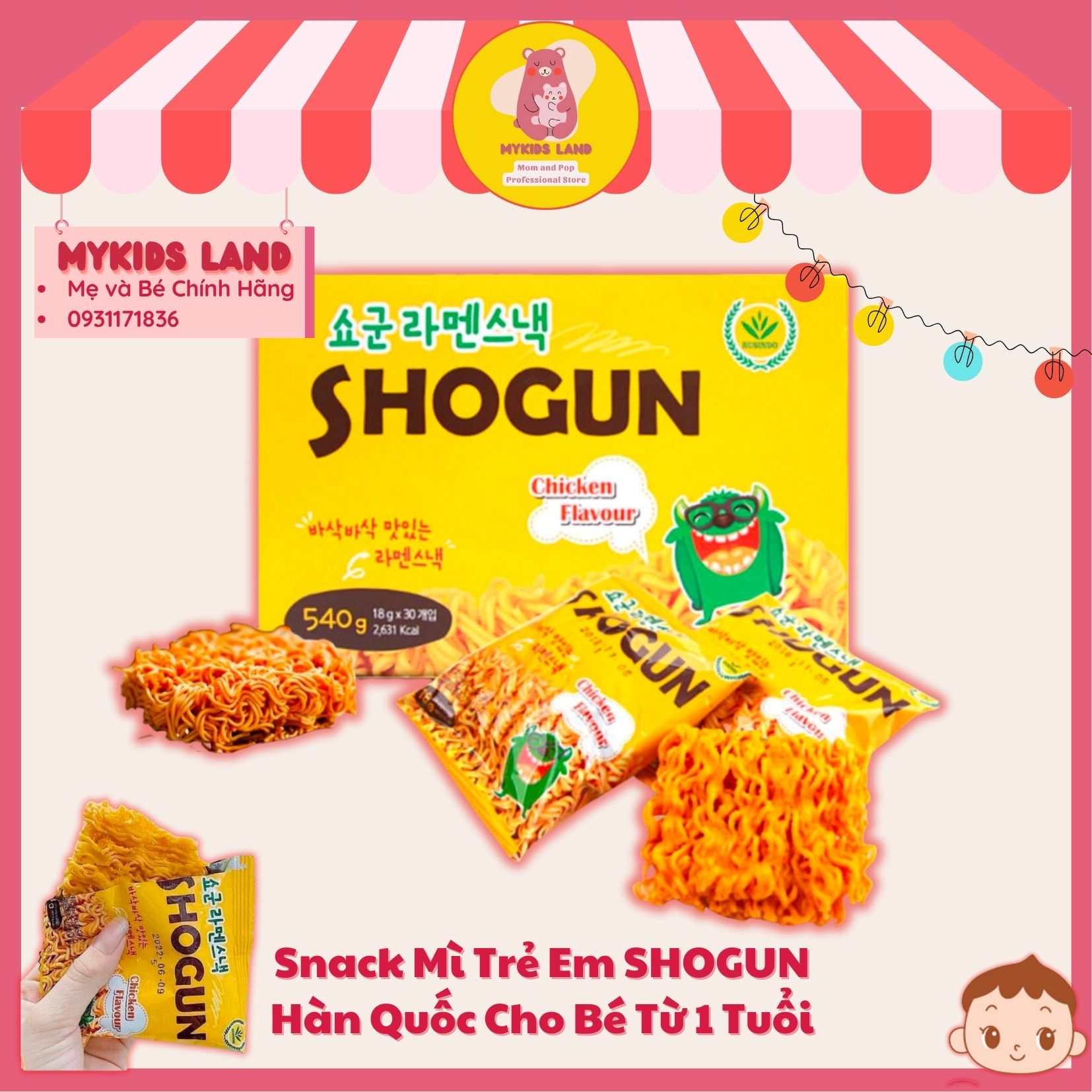 DATE T5.2024 Snack Mì Tôm Trẻ Em Ăn Liền SHOGUN Hàn Quốc Vị Gà Gói Lẻ 18g
