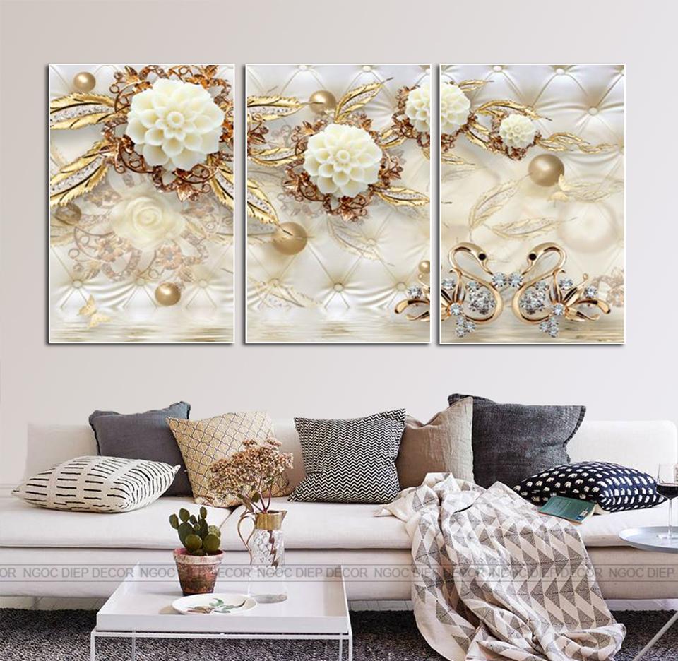 Tranh dán tường đôi thiên nga uyên ương nền hoa 3D -  Tranh décor trang trí  in UVsắc nét rực rỡ