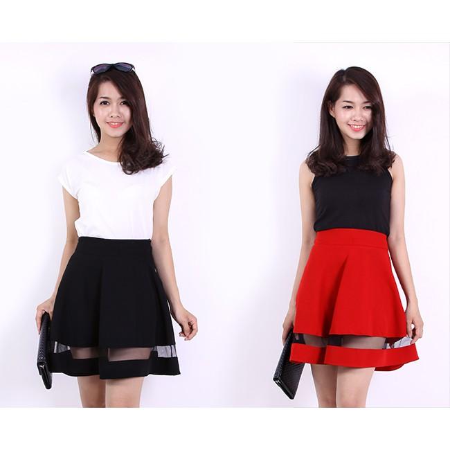 Chân váy xếp ly phối lưới (Đen)