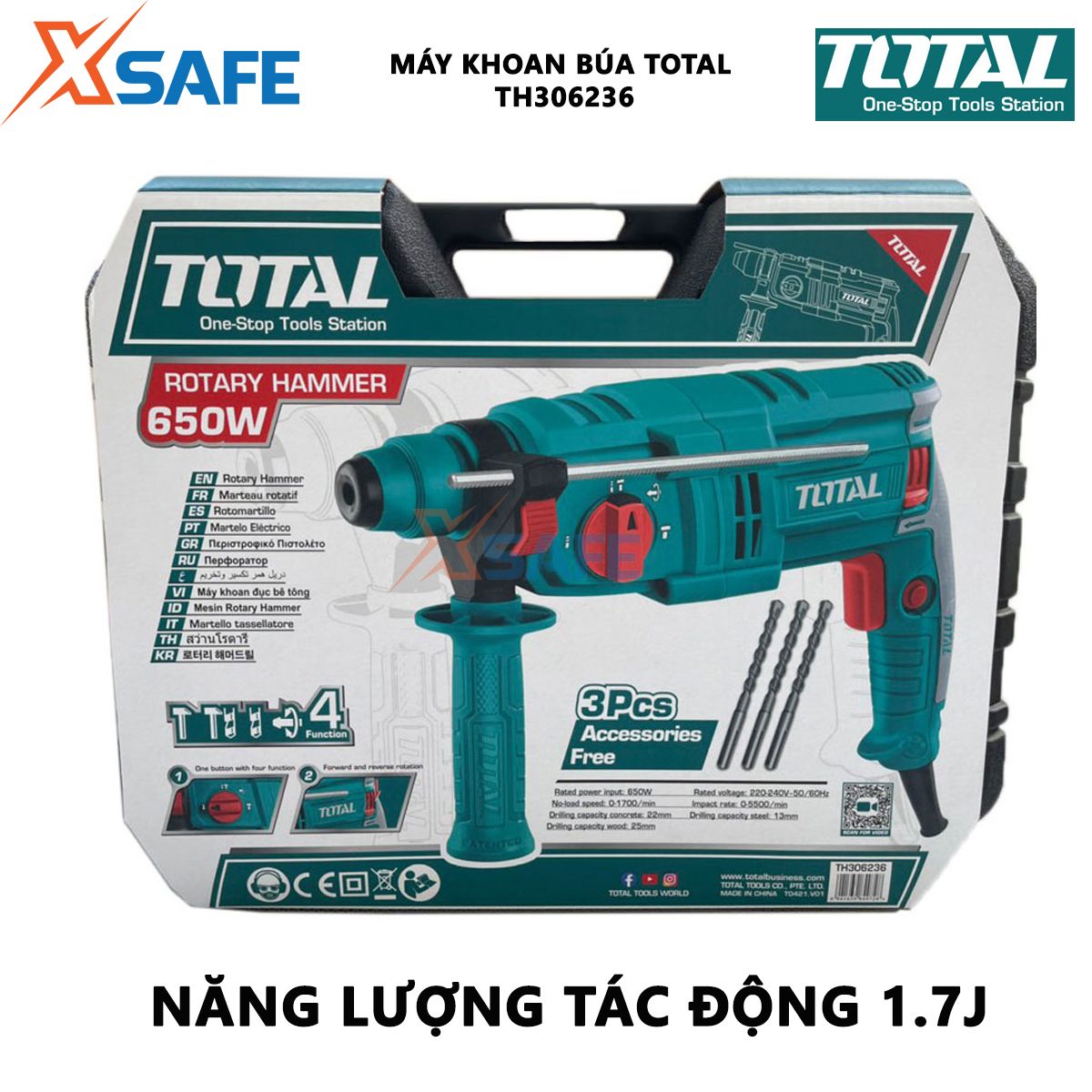 Máy khoan búa cầm tay 3 chức năng 650w TOTAL TH306236 đầu gài sds plus, tốc độ 1700v/p, tốc độ búa 5500bpm. Lực búa 1.7j, khả năng khoan bê tông 22mm, thép 10mm, gỗ 25mm, kèm 3 mũi khoan Máy khoan đục bê tông