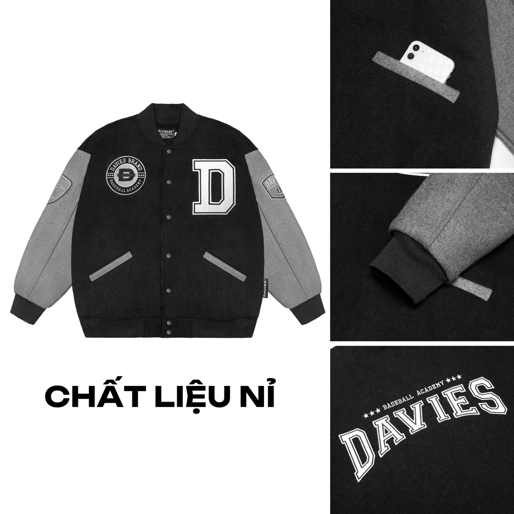 Varsity jacket cổ bẻ DAVIES kaki, nỉ màu đen phối tay xám logo thêu form rộng 2 lớp Baseball Academy local brand