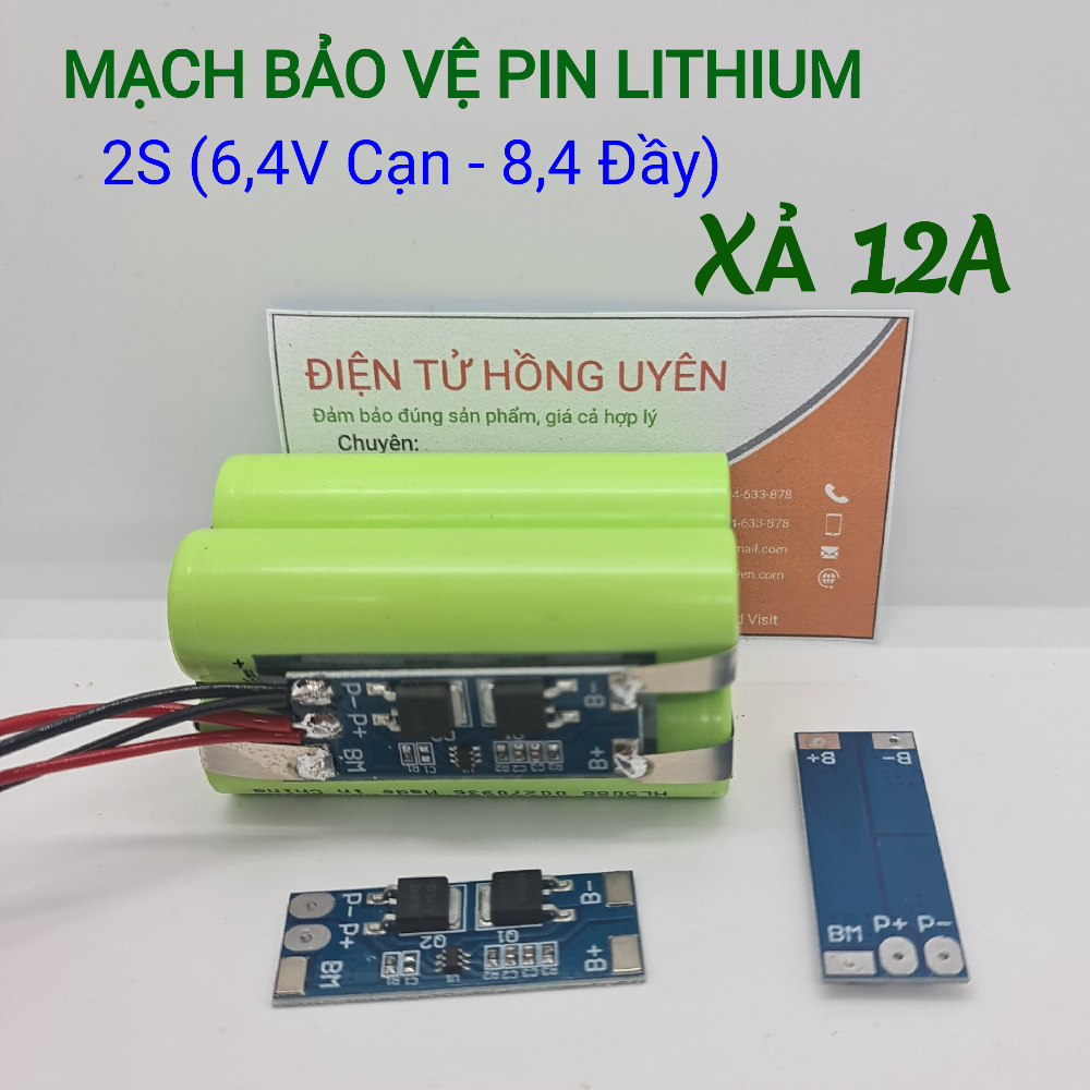 Mạch bảo vệ pin Lithium 2S 12A. Mạch bảo vệ sạc xả cho Pin Lithium ion 18650, Bảo vệ chống pin sạc quá đầy và xả quá cạn. Dòng xả 12A Chuyên dùng đóng khối pin 2S (7,2V - 8,4V) - Điện tử hồng uyên