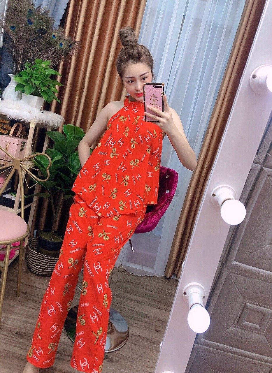 Set bộ nữ lụa thổ cẩm cổ yếm in chữ-MTB#setbonu