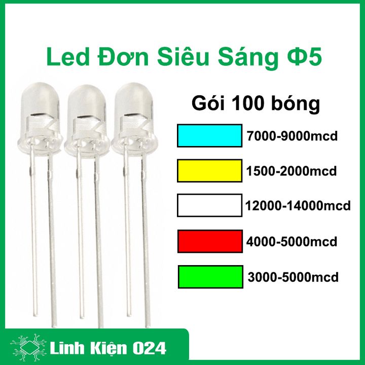 Gói 100 bóng Led đơn phi 5mm siêu sáng nhiều màu dùng làm mạch led trái tim, led cube…