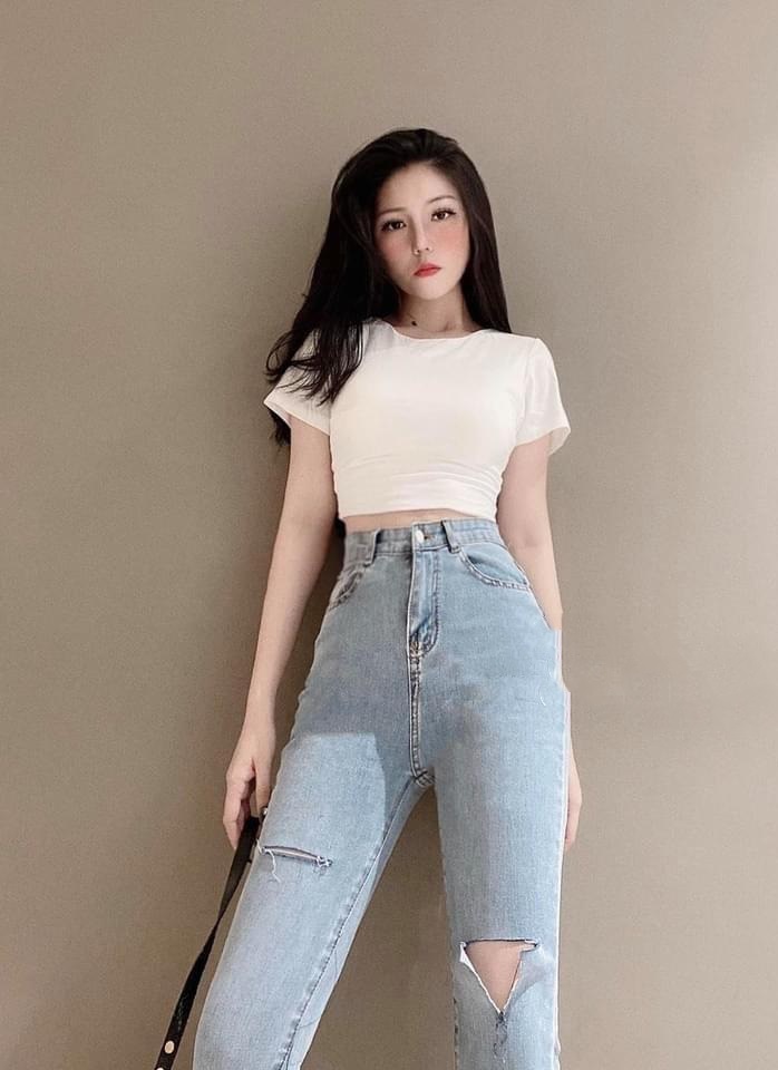 Quần jean nữ lưng cao rách xẻ gối phối rách lai 1 bên mẫu mới nhất sd3-11
