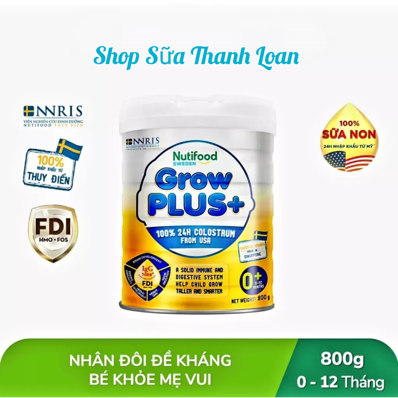 Combo 4 lon sữa bột vàng nutifood growplus 0+ 800g .
