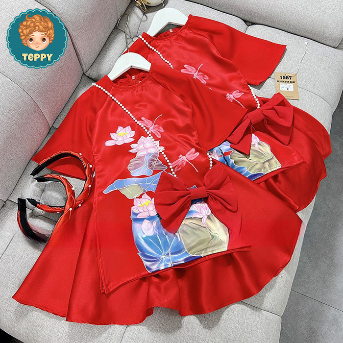 Set áo dài hoa sen cho bé gái (4 món áo dài, váy,kèm cài, túi)