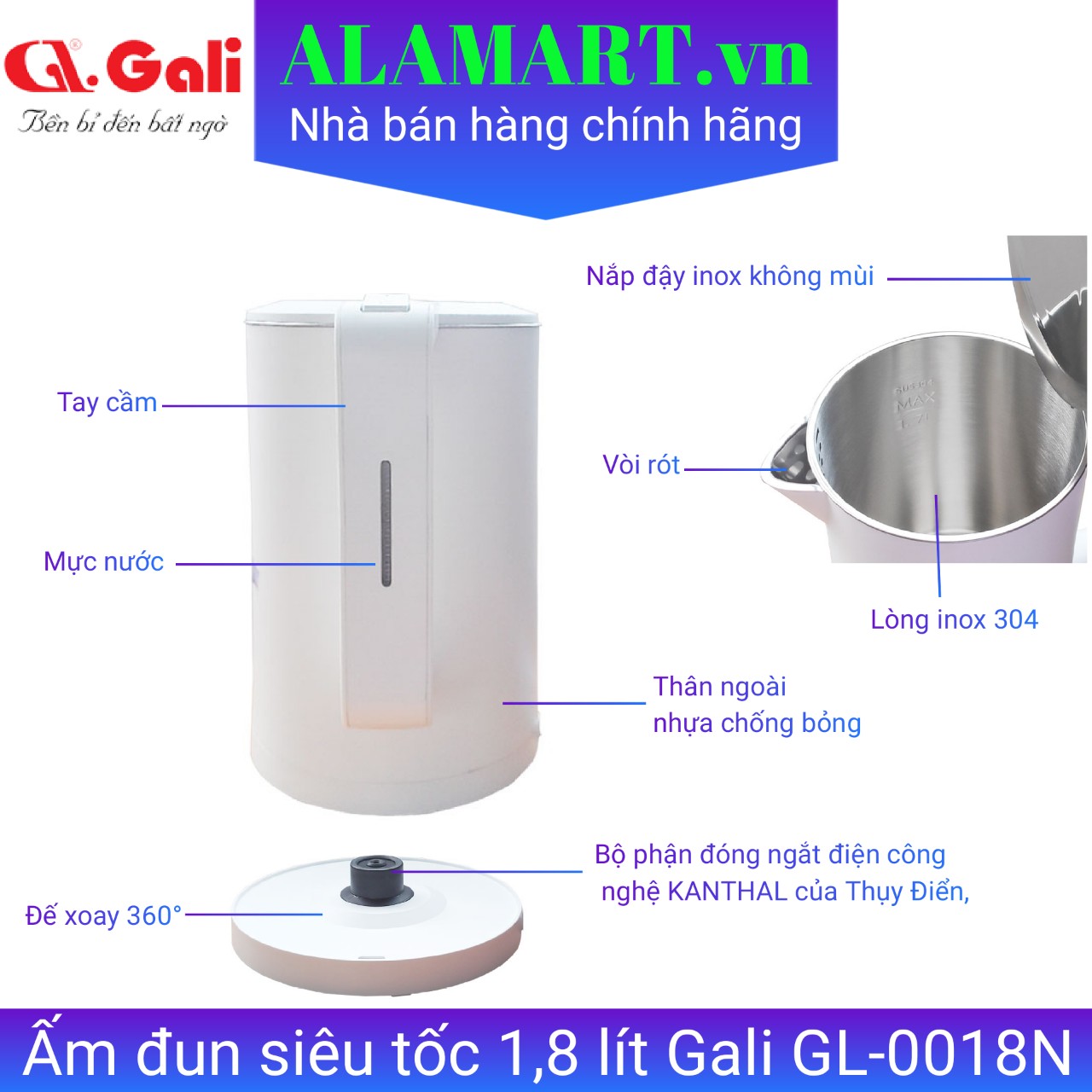 Bình đun siêu tốc Gali GL-0018N 1.7L - Công suất 1800W