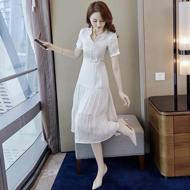 [HCM]Đầm trắng cổ úp 3 tầng (kèm hình thật)