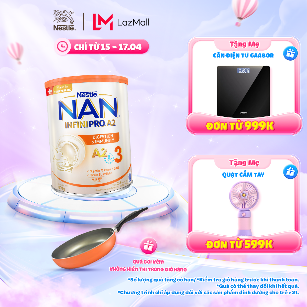 Tặng Chảo Elmich Sữa bột NAN INFINIPRO A2 bước 3 với công thức đầu tiên kết hợp giữa đạm quý A2 & 5HMO nhập khẩu Thụy Sĩ - Hộp 800g cho bé 2- 6 tuổi - Sữa công thức dinh dưỡng hỗ trợ tiêu hóa tốt