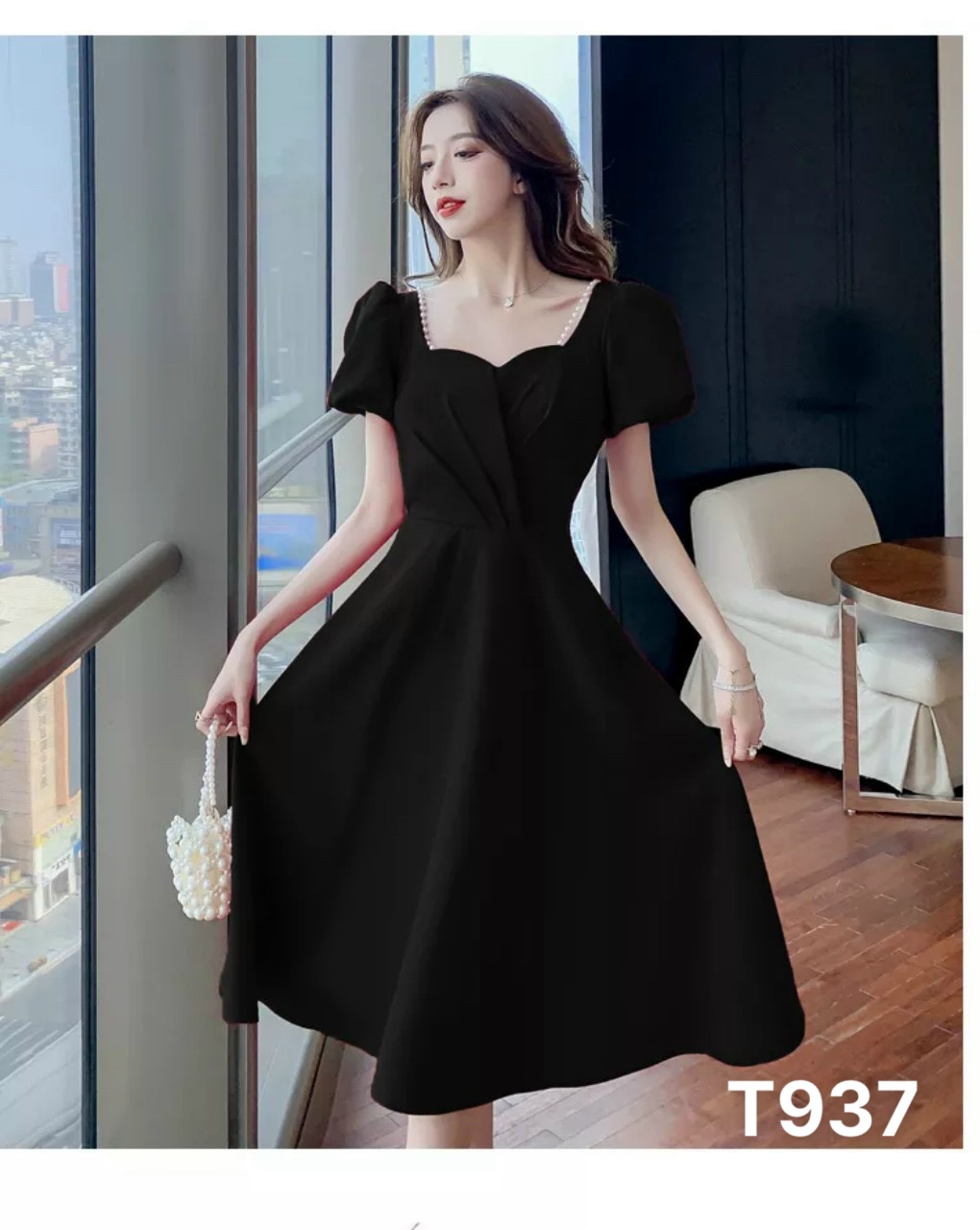 Đầm xoè tay phồng cổ tim kết cườm xếp ly ngực chất liệu for mịn T937
