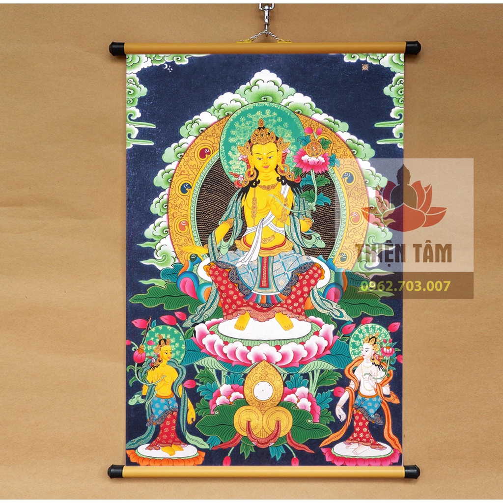 Tranh mật tông thangka Phật Di Lặc Maitreya 40x60cm bằng vải phủ bóng cao cấp dày dặn