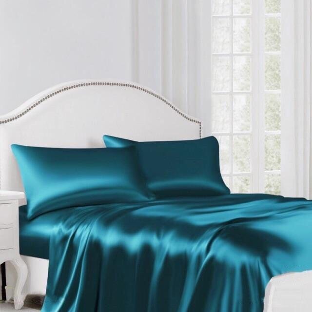 Trọn bộ chăn ga gối phi lụa màu xanh cổ vịt lan bedding hàng loại 1 mát, mềm mại
