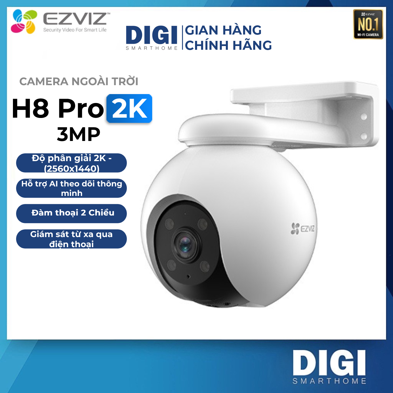 Camera WiFi EZVIZ H8 2K - Độ Phân Giải 3MP, H8 PRO 2K 3MP Bao Phủ Toàn Cảnh 360 Độ, Phát Hiện Con Người, Đàm Thoại 2 Chiều - DIGI SmartHome