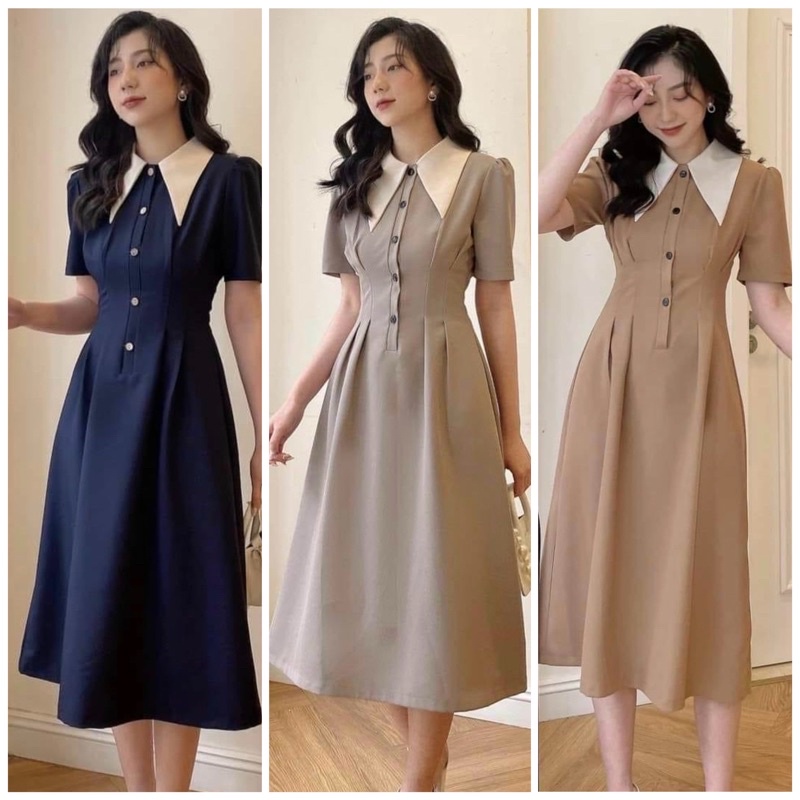 Đầm cổ trắng nút trước 4 màu