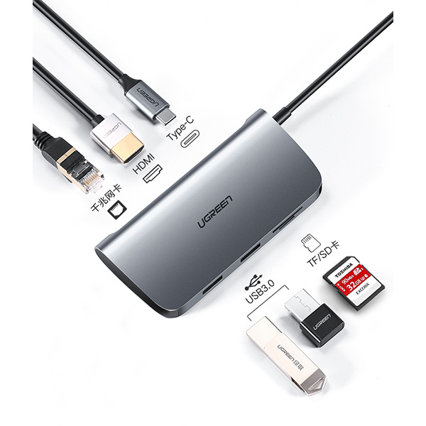Bộ chuyển đổi ugreen 50852 usb type-c sang hdmi, lan, usb 3.0, sd/tf
