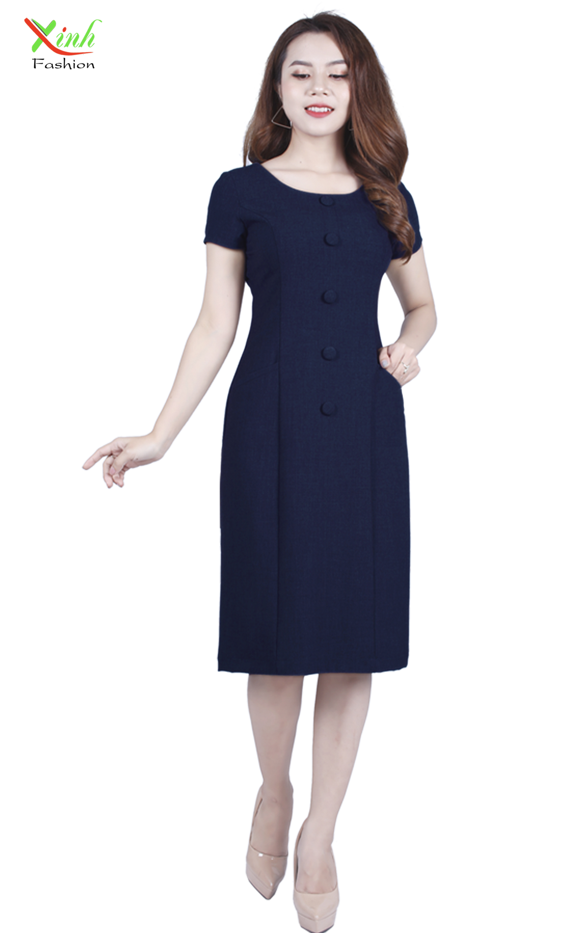 Đầm Suông Phối Cúc Xanh Đen DL776