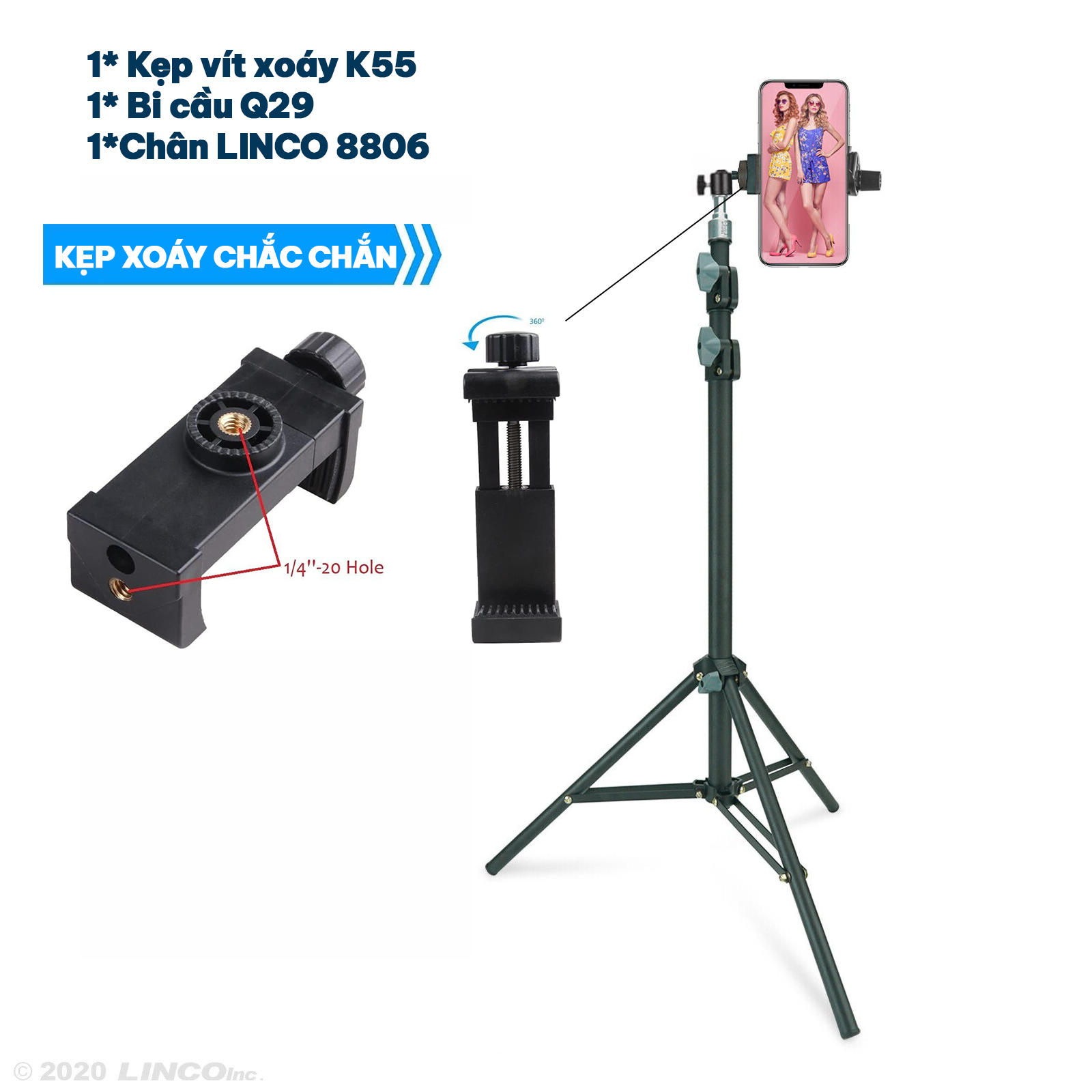 Gía đỡ điện thoại 3 chân Cây livestream TRIPOD chụp ảnh quay phim Chân 2m bi cầu q29 kẹp điện thoại HẠ THẤP ĐƯỢC XUỐNG 70CM