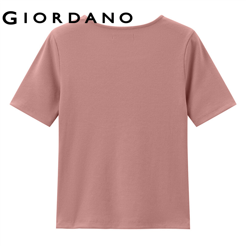 Giordano áo thun nữ cổ hình vuông tay ngăn kẻ sọc ôm body đơn sắcdệt kim Free Shipping 13323207