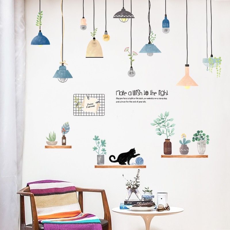 Decal dán tường đèn và mèo trên kệ cây