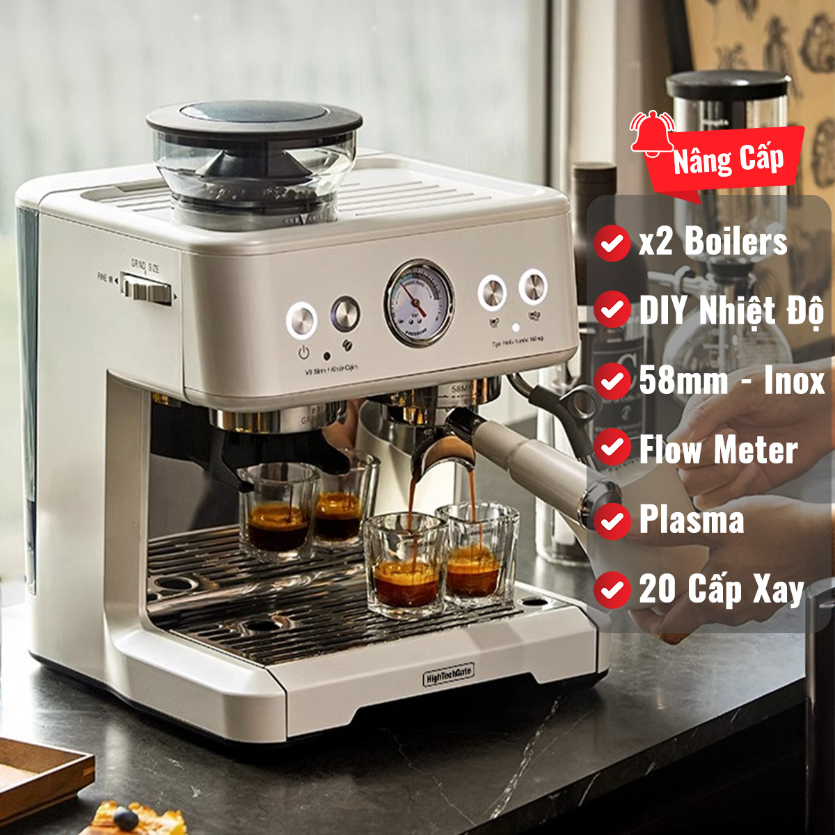Máy pha cafe espresso CF07PLUS nâng cấp tích hợp xay 20 mức độ, với 2 boilers độc lập cùng·chế độ định lượng flow meter, họng pha inox 58mm