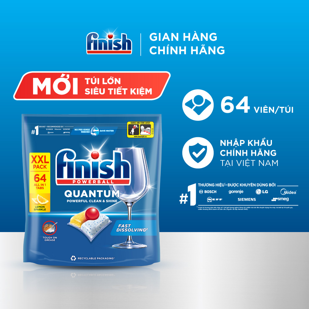 Viên Rửa Chén Bát Finish Powerball Quantum Powerful Clean & Shine 64 viên