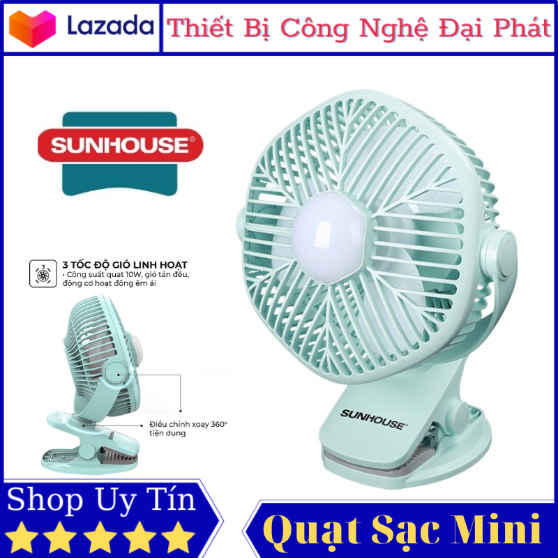 Quạt Sạc Mini SUNHOUSE SHD7111 Dạng Kẹp Có Tích Hợp Đèn Ngủ Và Xoay 360 Độ