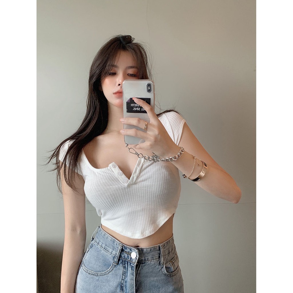 Áo Kiểu Croptop Dáng Ôm Vạt Bầu PINKSTORE29 Cổ Phối Cúc Cài A5152