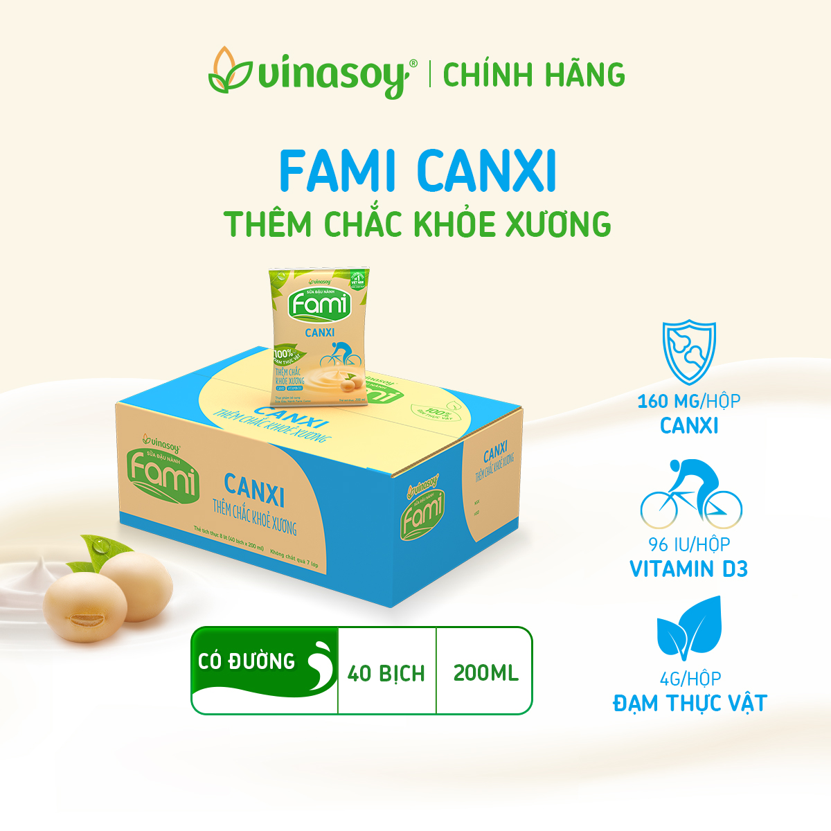 Thùng sữa đậu nành Fami Canxi có đường (40 bịch x 200ml)